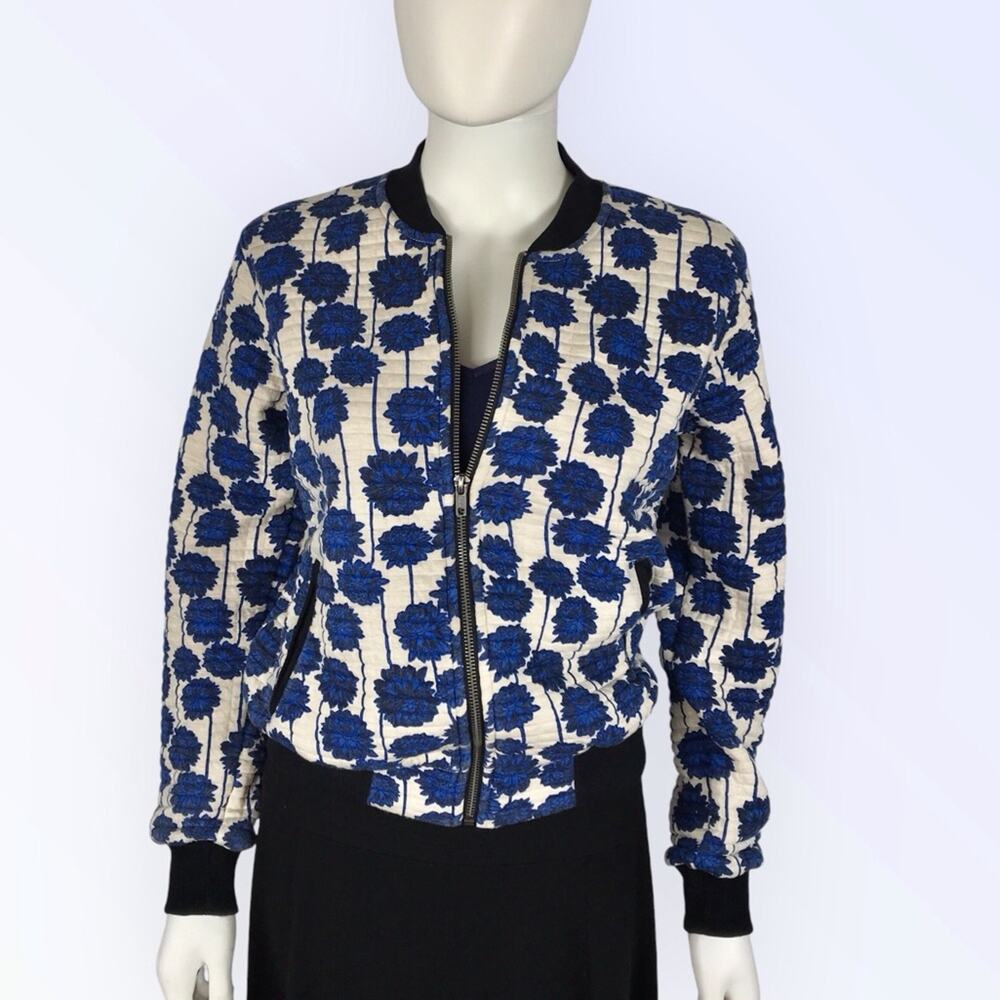 Topshop Floral  Bomber Jacket Blue & White Carnation Lightly Padded Sz 6